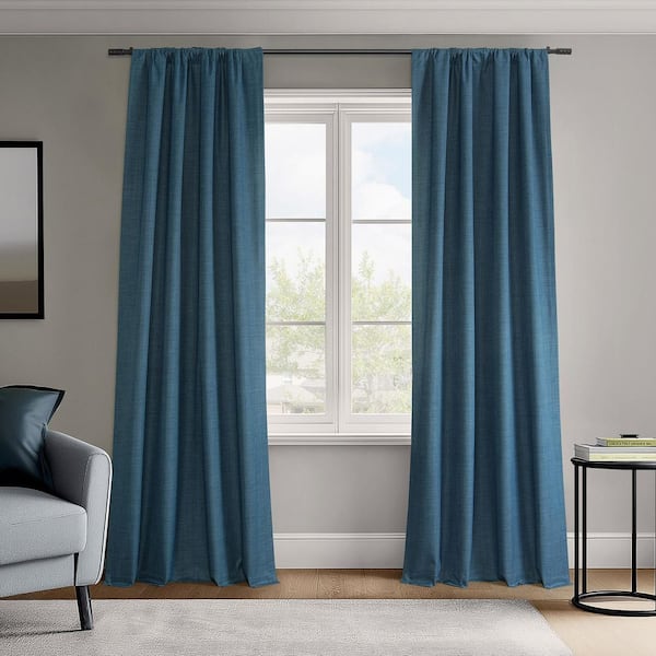 Dark Blue Vienna Basic Linen 50 in. W x 96 in. L Rod Pocket Blackout Curtain Pair (Set of 2)