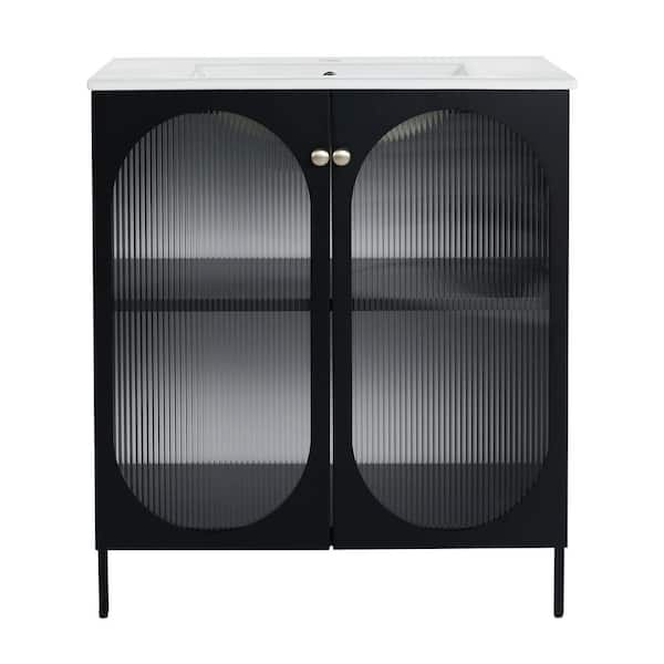 Boosicavelly 30.00 in. W x 18.30 in. D x 34.25 in. H Single Sink Freestanding Bath Vanity in Black with White Ceramic Top