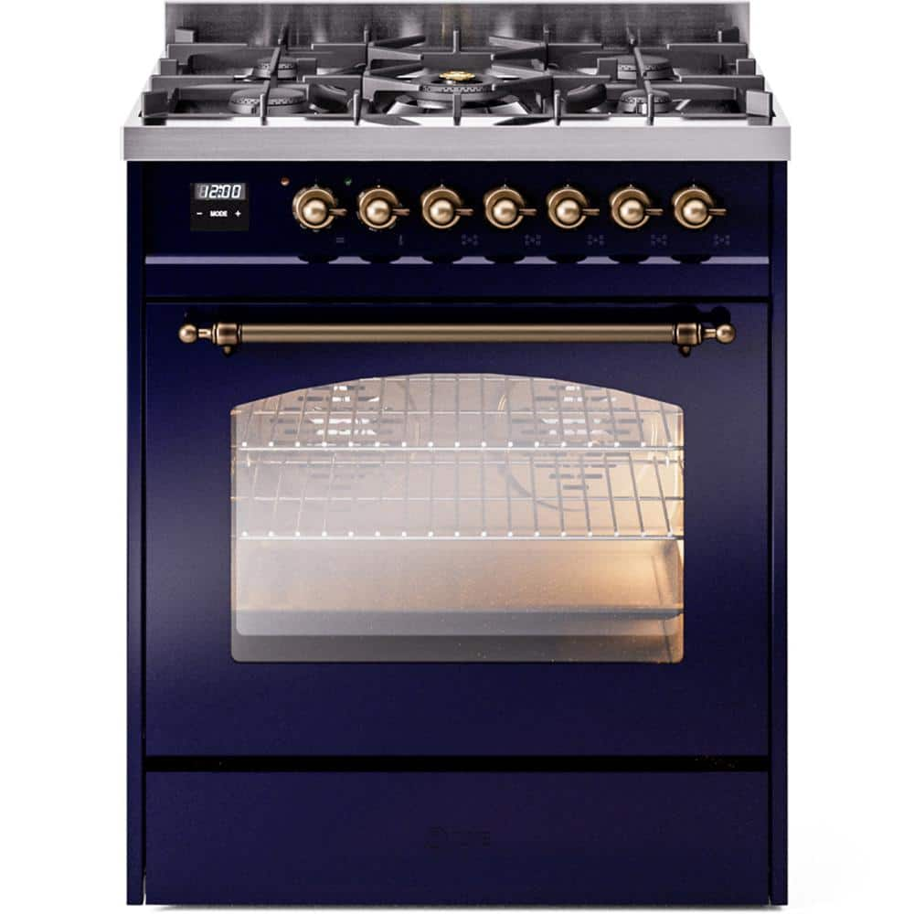 Nostalgie II 30 in. 5-Burner Freestanding Dual Fuel Range in Midnight Blue with Bronze Trim -  ILVE, UP30NMPMBB