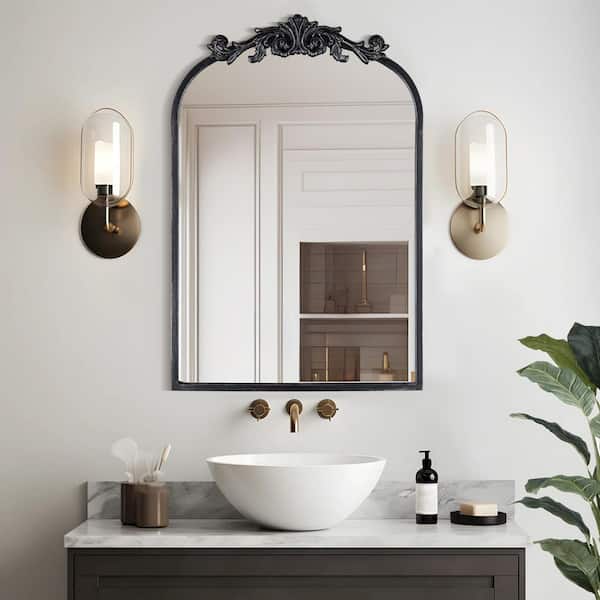 Elevatehome 20 in. W x 30 in. H Vintage Carved Arched Framed Wall Bathroom Vanity Mirror in Cast Iron Floral
