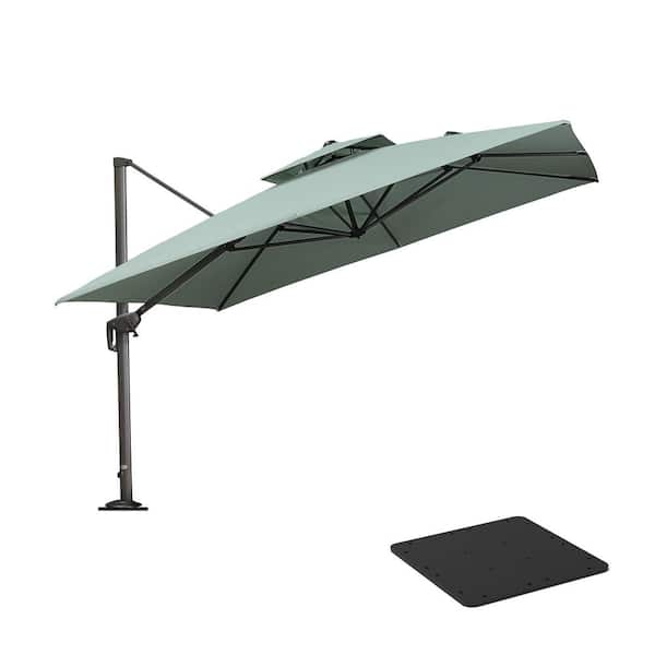 PURPLE LEAF 11 ft. Square 2-Tier Aluminum Cantilever 360° Rotation Patio Umbrella with Base Plate, Mint Green