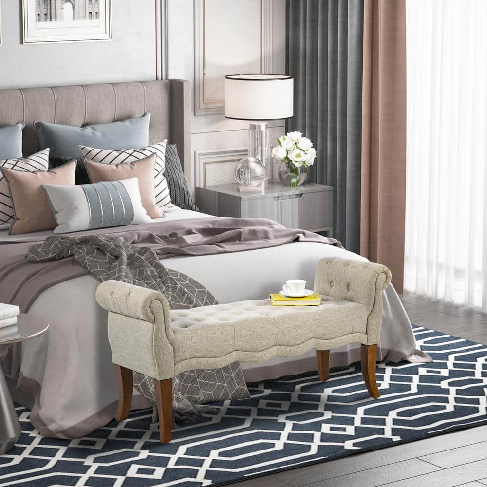 Elegant Beige Linen Tufted Bedroom Bench with Rounded Arms