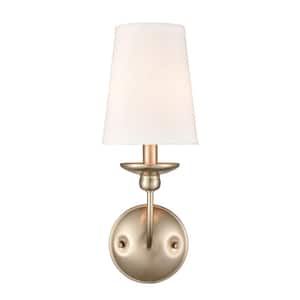 Delvona 7.375 in. 1-Light Modern Gold Wall Sconce with White Cotton Shade