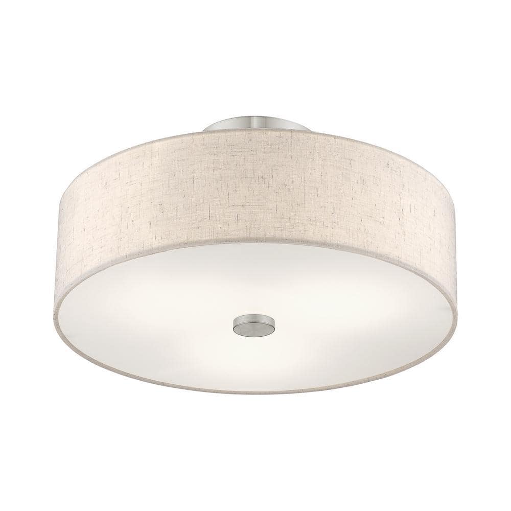 Meridian Brushed Nickel 3-Light Drum Ceiling Fixture with Oatmeal Shade
