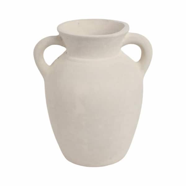 9 in. Ivory Ceramic Amphora Shape and Handles Decorative Vase