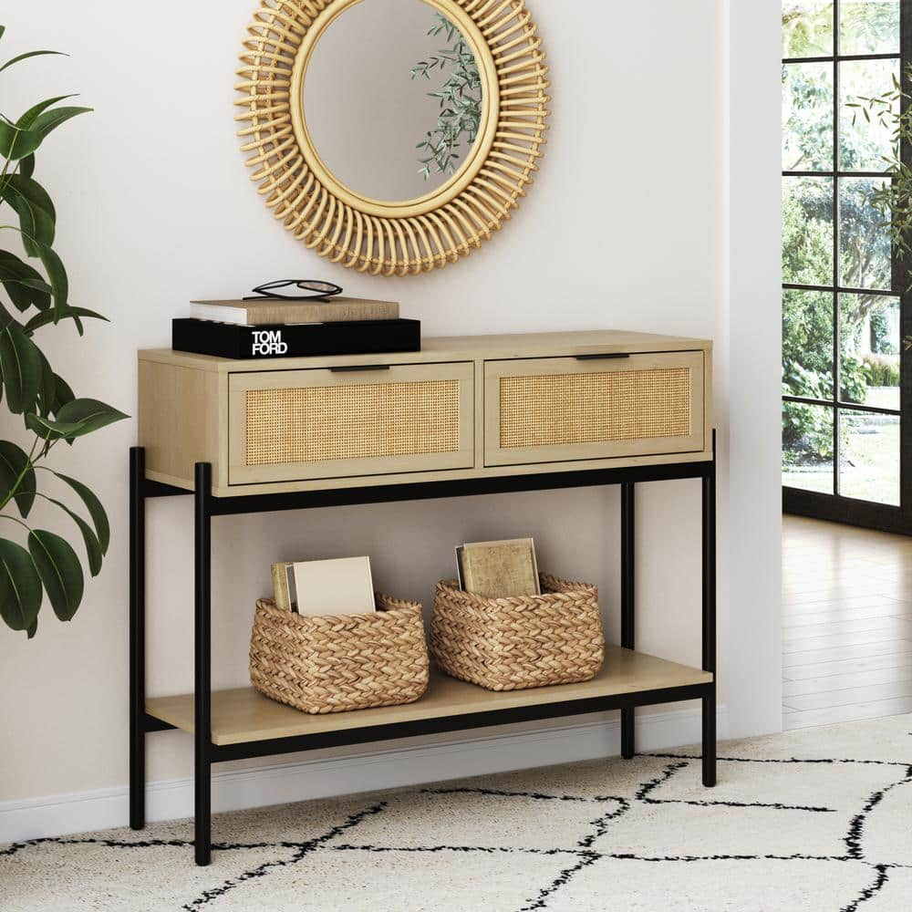 Nathan James Aaron Modern Desk with Storage, Natural Rattan Table with Square Webbing and Gold Accent Knobs, Natural Brown