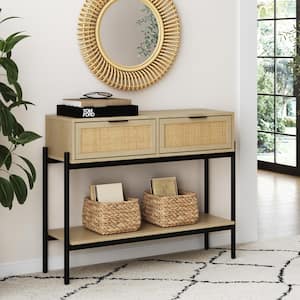 Andrew 38 in. W Light Oak Bohemian Rattan Rectangle Wood Hallway Console Table with Drawers with Black Metal Legs