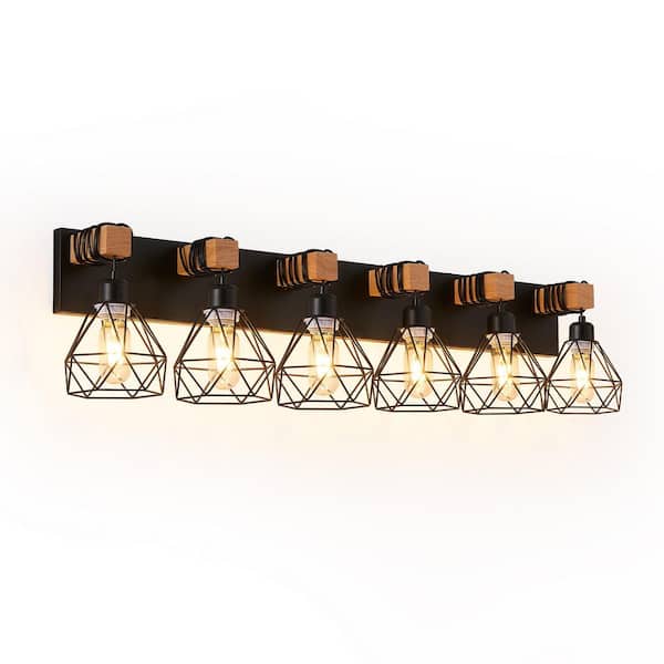 38 in. 6-Light Modern Black Fixture Geometric Wall Sconce With Wooden Accent For Bathroom, Bedroom and Living Room