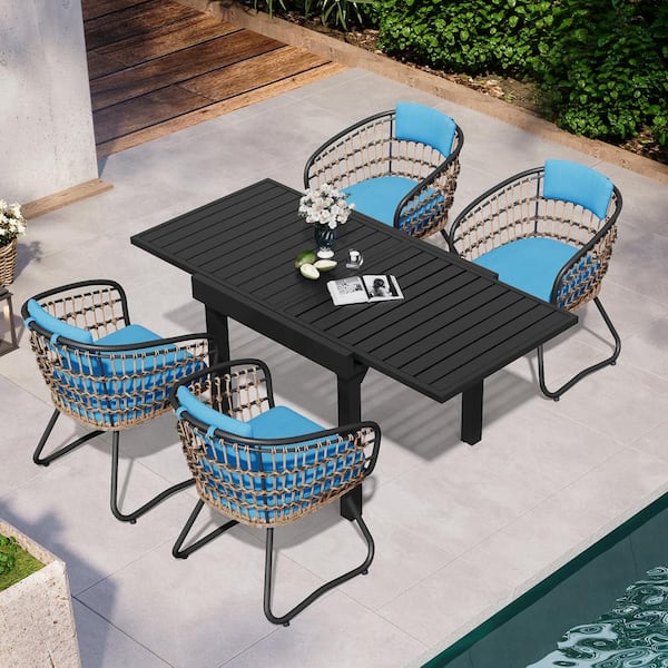 Pellebant 5-Piece Aluminum Outdoor Dining Set, Expandable Rectangle 63 in. Table and Steel Rattan Chairs with Blue Cushion