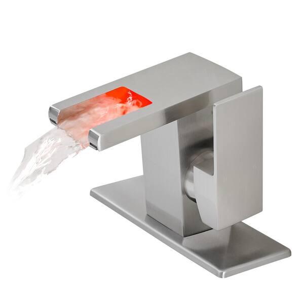 Fapully Single Handle Bathroom Faucet with LED Light, Single Hole Bathroom Sink Faucet with Deck Plate in Brushed Nickel