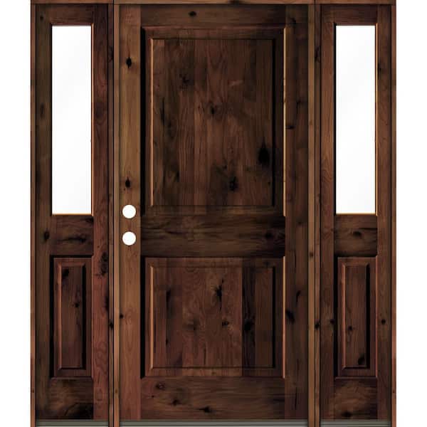 Krosswood Doors 64 in. x 80 in. Rustic Knotty Alder Square Top Red Mahogany Stained Wood Right Hand Single Prehung Front Door
