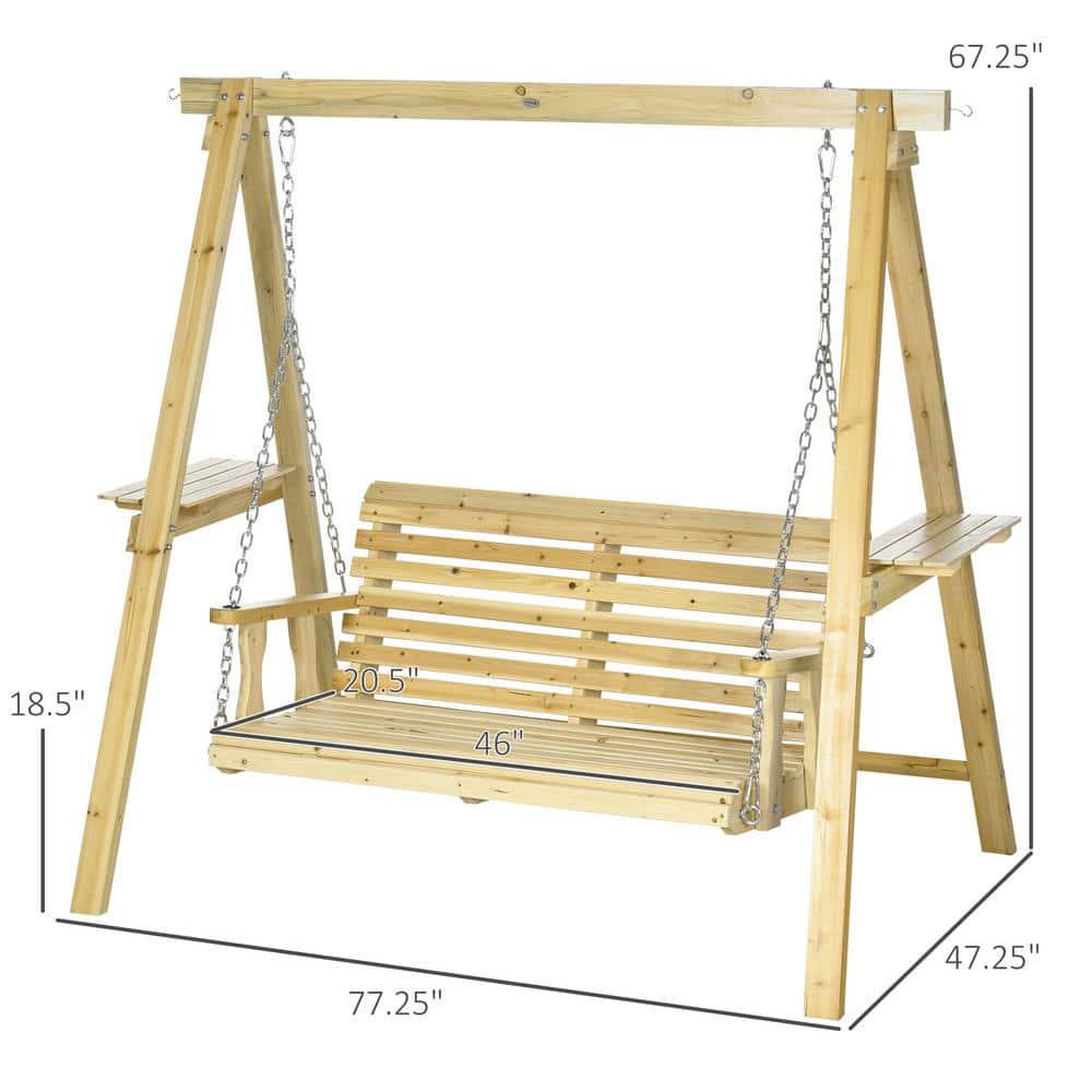 Spacious Two-Person Outdoor Swing Chair with Side Tables in Natural Fir