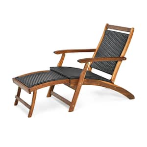 Folding Patio Acacia Wood Deck Chair Rattan Chaise Lounge Chair with Footrest