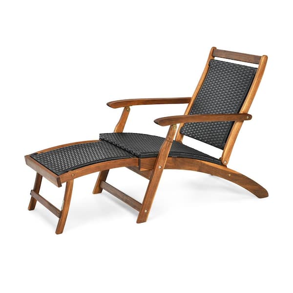 Gymax Folding Patio Acacia Wood Deck Chair Rattan Chaise Lounge Chair with Footrest