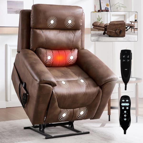 Brown Dual Motor Breathable Leather Power Lift Recliner Chair with 8-Point Vibration Massage&Heating, Up to 350 LBS