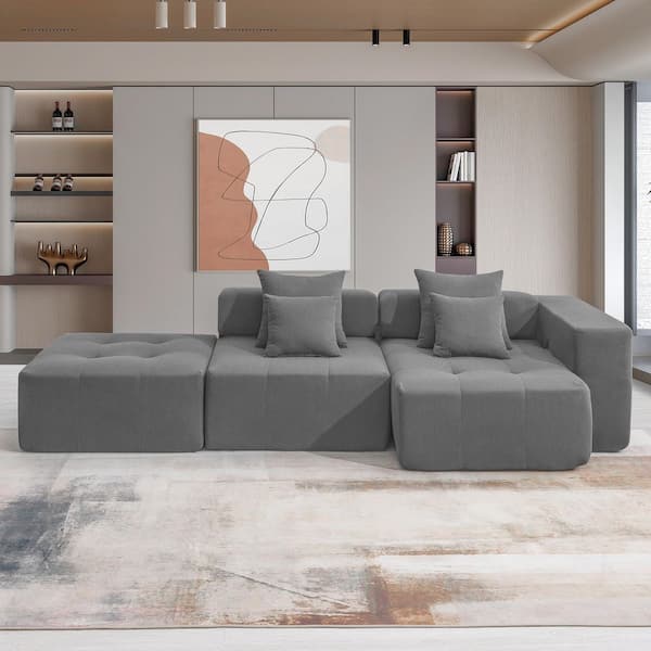 105.5 in. Corduroy Fabric Fully Compressed Cloud Sectional Sofa in. Gray