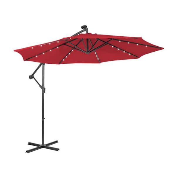 10 ft. Steel Cantilever Tilting System Patio Umbrella with LED Lights in Red