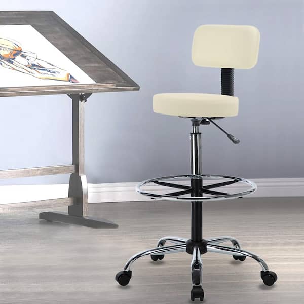 HOMESTOCK Faux Leather Adjustable Height Drafting Stool Chair in Cream 42037HDN