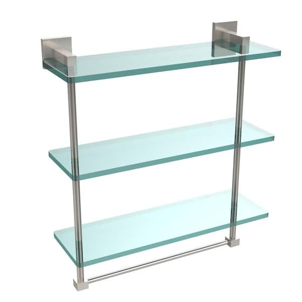Allied Brass Montero 16 in. L x 18 in. H x 6-1/4 in. W 3-Tier Clear Glass Bathroom Shelf with towel bar in Satin Nickel