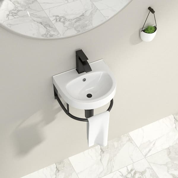 16 in. Ceramic Wall-Mounted Bathroom Sink in White with Faucet and Black Towel Bar