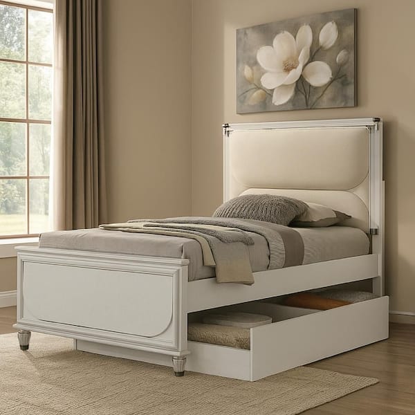 Benjara Dima White Wood Frame Full Panel Bed with Upholstery Headboard ...