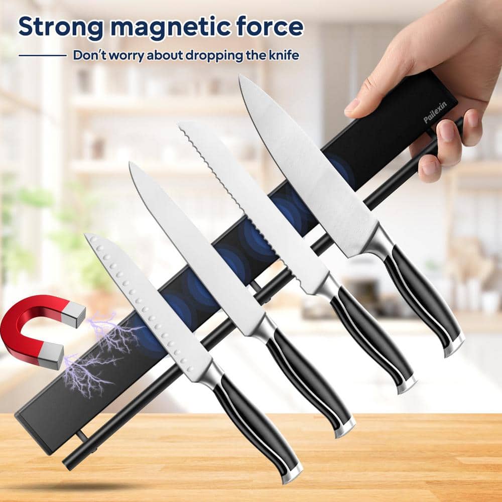 8-Knife 17 in. Stainless Steel Magnetic Knife Holder with 10 Hooks, Black Knife Magnetic Strip Magnetic Knife Bar - Thumbnail 3