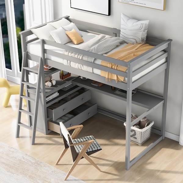 aisword Twin Size Loft Bed with Desk and Shelves, Two Built-in Drawers - Gray