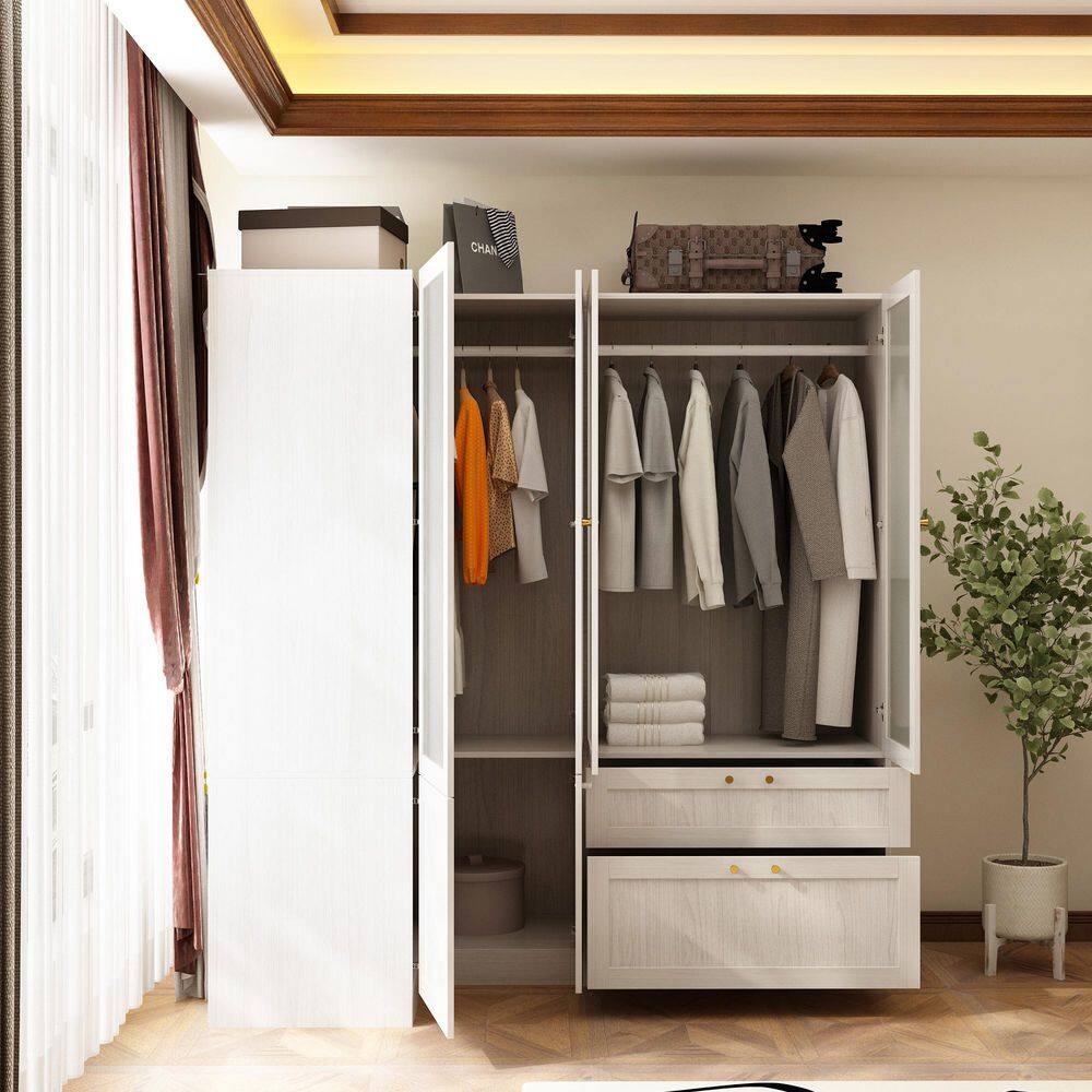 Light Oak Wood 66.9 in. Bedroom Wardrobe with Tempered Glass Doors, Corner Unit, Hanging Rod and Storage Drawers - thumbnail 3