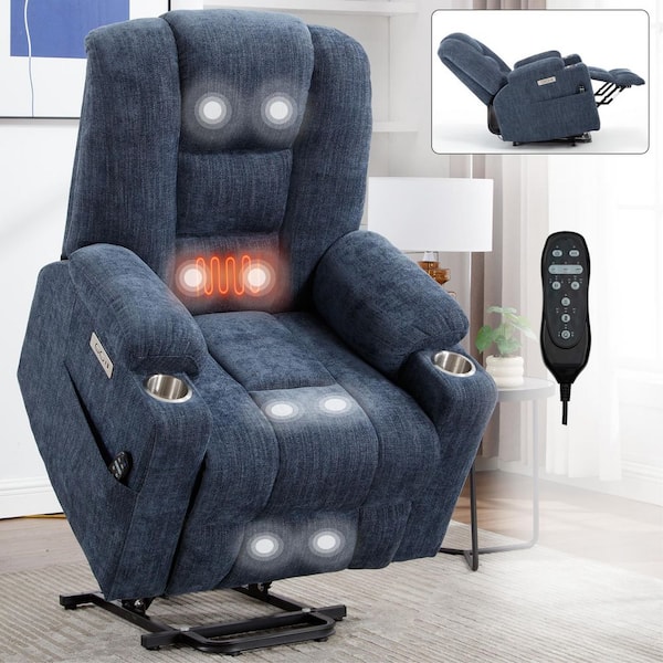 J&E Home Blue Chenille Polyester Remote Power Lift Recliner Massage Chair with Heat Steel Cup Holders USB and Type C Ports