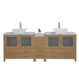 84 in. W Double Basin Natural Oak Bath Vanity with White Engineered Marble Top and Mirror