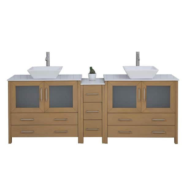 Vanity Art 84 in. W Double Basin Natural Oak Bath Vanity with White Engineered Marble Top and Mirror