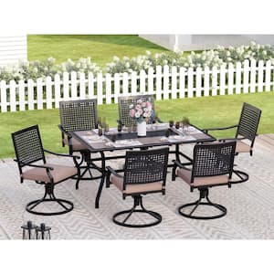7-Piece Metal Patio Outdoor Dining Set with Wood-Look Tabletop and Bull's Eye Pattern Chairs with Beige Cushions