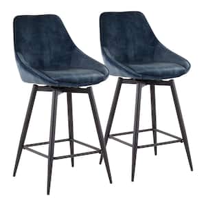 Diana 25.5 in. Blue Velvet and Black Metal Counter Height Bar Stool (Set of 2)