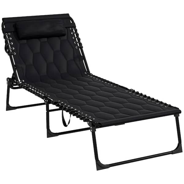 Otryad Black Metal Outdoor Chaise Lounge, Folding Tanning Chair Set with 5-level Reclining Back, Padded Seat