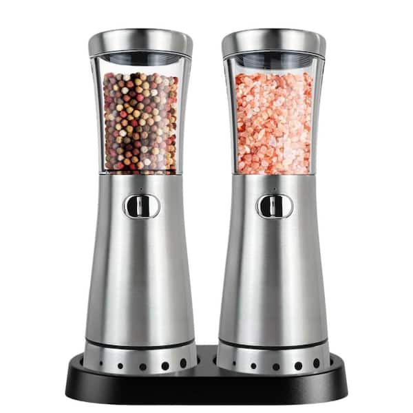 1.8 in. 4.5 oz Stainless Steel Salt and Pepper Grinder Set with Storage Base for Kitchen Cooking, Silver (2-Pack)