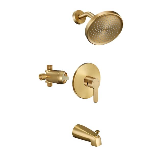 Brushed Gold Shower Faucet Set with 6 in. Rain Shower Head, Tub Spout Diverter, and Valve Combo Kit Spout