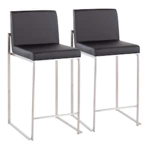 Fuji 35.5 in. Black Faux Leather and Stainless Steel High Back Counter Height Bar Stool (Set of 2)