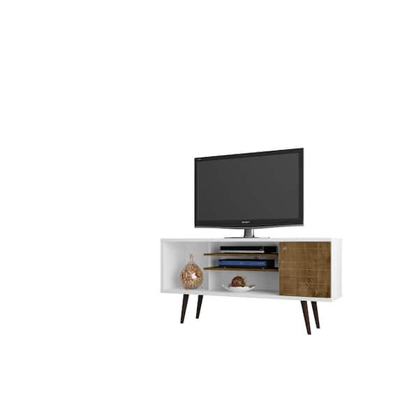 Manhattan Comfort Liberty 53.14 in. White and Rustic Brown TV Stand Fits TVs Up to 50 in. with Storage Doors, Shelves and Cable Management