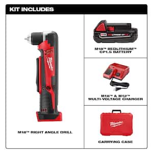 M18 18V Lithium-Ion Cordless 3/8 in. Right Angle Drill Kit w/one 1.5 Ah Batteries, Charger, Hard Case