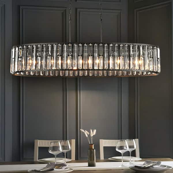 Liam 6-Light Modern Vintage Black Crystal Chandelier with Oval Curved Drum Frame, Rectangular Island Lighting