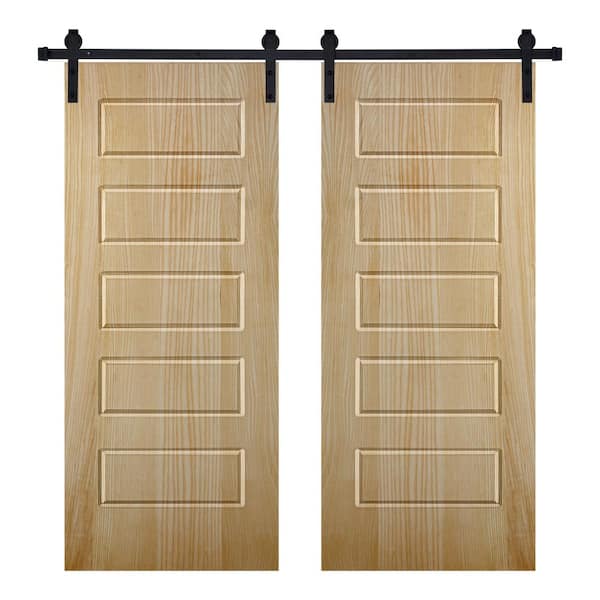 AIOPOP HOME Modern 5 Panel Designed 60 in. x 80 in. Wood Panel Mother Nature Painted Double Sliding Barn Door with Hardware Kit