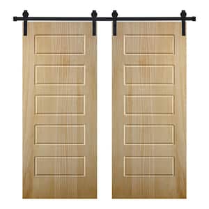 Modern 5 Panel Designed 60 in. x 84 in. Wood Panel Mother Nature Painted Double Sliding Barn Door with Hardware Kit