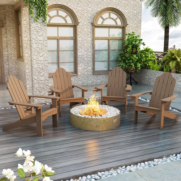 LUE BONA Hampton Curveback Brown All-Weather Plastic Outdoor Patio Adirondack Chair with Cup Holder Fire Pit Chair Set of 4