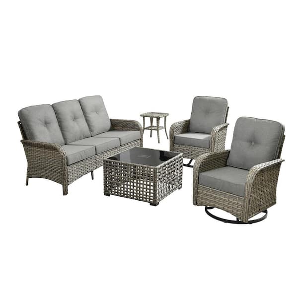 Beverly Gray 5-Piece Wicker Outdoor Patio Conversation Sofa Set with Swivel Rocking Chairs and Dark Gray Cushions