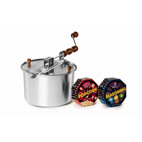 Wabash Valley Farms 6 Qt. Aluminum Silver Stovetop Popcorn Popper with Movie Reel Popcorn and Seasonings 3-Piece Popcorn Set