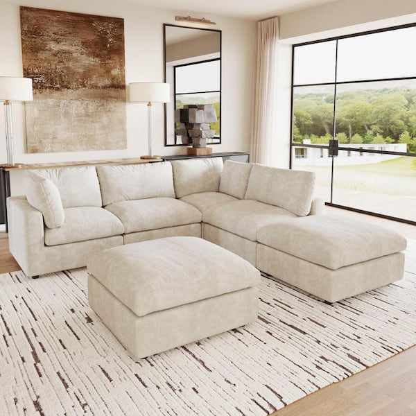 100 in. Square Arm 6-Piece Chenille L-Shaped Modualr Sectional Sofa with Detachable Covers, Ottoman in. Beige for Office