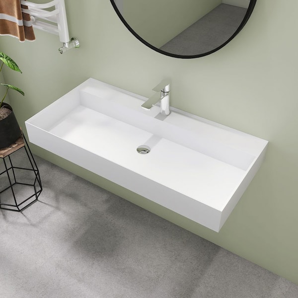 SJ STAR&JANE 39 in. Wall Mount Rectangle Vessel Sink with Faucet Hole, Solid Surface Bathroom Vessel Sink