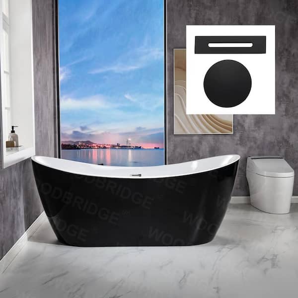 WOODBRIDGE Plasencia 71 in. Acrylic Flatbottom Double Slipper Bathtub with Matte Black Overflow and Drain Included in Black