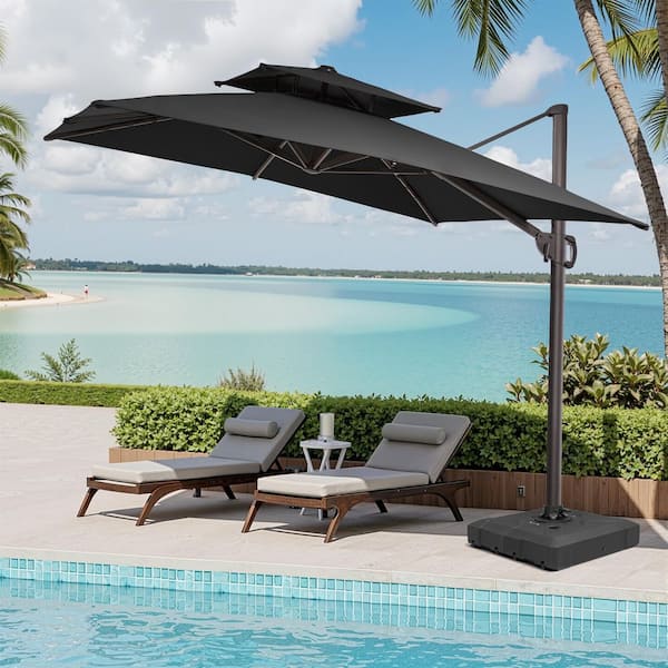 9 ft. x 11 ft. Large Outdoor Aluminum Cantilever 360° Rotation Tiltable Patio Umbrella in Black with Base
