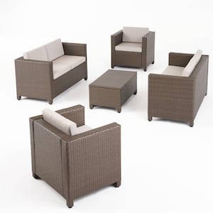 Puerta Brown 5-Piece Faux Rattan Outdoor Patio Conversation Seating Set with Ceramic Grey Cushions